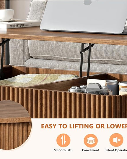 LCVTND Fluted Lift Top Coffee Table with Storage, Modern Wood Coffee Table Retro Center Table with Hidden Lifting Table Top Compartment for Living Room, Home, Office, Walnut