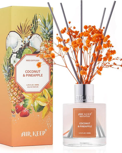 Airkeep Reed Diffuser Set,6.76 fl oz (200 ml) - Coconut & Pineapple Oil Diffusers with 8 Reed Sticks, Home Fragrance Reed Diffuser for Bathroom Shelf Decor