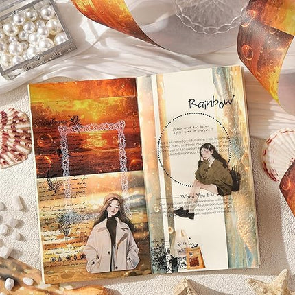 AuriicLeaf Ocean Fantasy Washi Tape Set – 6 Rolls with Dreamy Sunset, Wave and Bubble Patterns for Scrapbook, Journal, DIY Cards, with Mini Clip