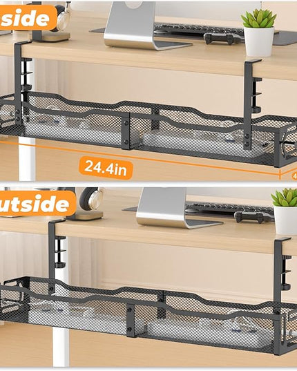 Under Desk Cable Management Tray, No Drill Steel Desk Cable Organizers, Wire Management Tray Cable Management Rack (24.4" Length-Black)