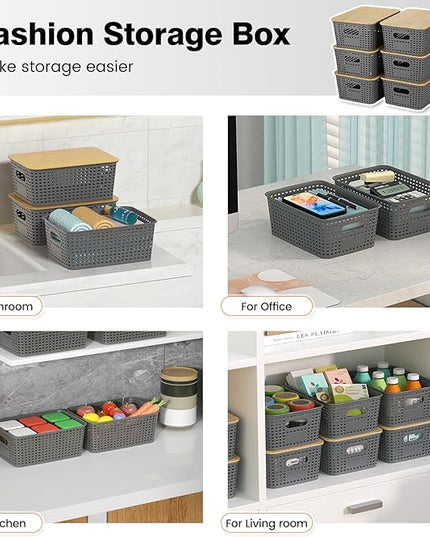 Plastic Storage Baskets With Bamboo Lid - Plastic Storage Containers Stackable Storage bins: Storage Baskets for Organizing Shelves Drawers Desktop Closet Playroom Classroom Office, 6 Pack, Gray