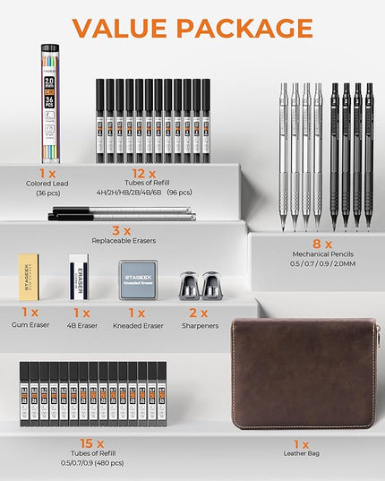 STAGEEK 45PCS Black & Silver Metal Mechanical Pencil Set in Leather Case, 0.5, 0.7, 0.9, 2.0mm Drafting Pencils with 28 Tubes(6B 4B 2B HB 2H 4H & Colors)Lead Refills for Art Drawing, Sketching,Writing