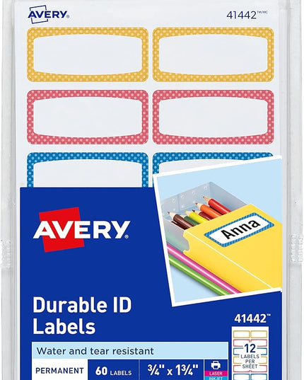 Avery Durable Labels for Kids' Gear, 3/4" x 1-3/4", Assorted Border Colors, Water-Resistant Labels, Writable and Laser/Inkjet Printable, 60 Per Pack, 180 Stickers Total (3-Pack of 31442)
