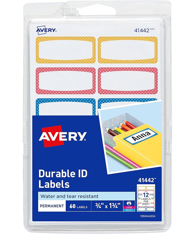 Avery Durable Labels for Kids' Gear, 3/4" x 1-3/4", Assorted Border Colors, Water-Resistant Labels, Writable and Laser/Inkjet Printable, 60 Per Pack, 180 Stickers Total (3-Pack of 31442)