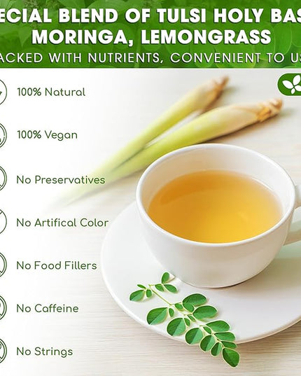 FreshDrinkUS, Premium 30 Tea Bags Tulsi Moringa Lemongrass, 100% Natural & Pure from Tulsi Holy Basil Leaves, Moringa & Lemongrass. Made with Natural Material Tea Bags. No Sugar, No Caffeine, Vegan.