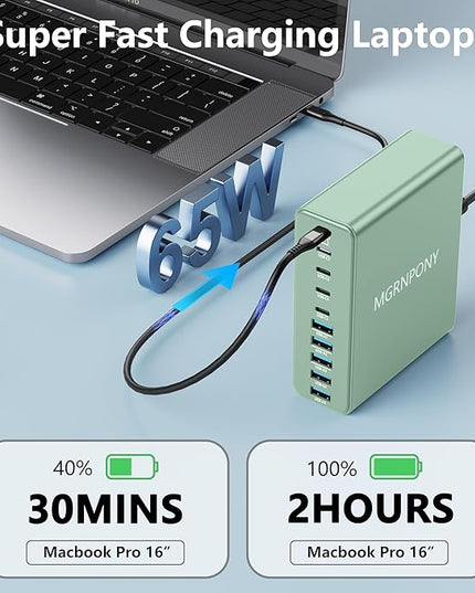 320W USB C Charger Block, 10-Port USB C Charging Station GaN III PD 65W PC Laptop Fast Charger Adapter for MacBook Pro/Air, DELL, iPad, iPhone, Samsung Galaxy (Green)