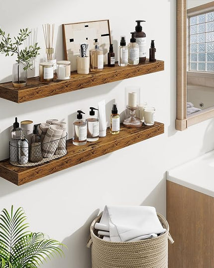 Fun Memories Floating Shelves for Room Wall, 36 Inch Long Shelf Set of 2， Hanging Wood Shelves for Storage & Display, Rustic Brown