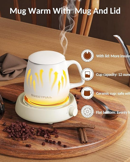 SWEETFULL Mug Warmer for Coffee and Tea Coffee Mug Warmer Set W/Mug and Lid Coffee Warmer As Coffee Gifts for Desk Office Coffee Lovers. （20W Cup Warmer Candle Warmer Auto Shut Off）