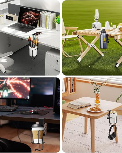 2 in 1 Desk Cup Holder with Headphone Hanger Holder, Anti-Spill Clip-On Table Cup Hook with 360° Rotation for Lawn Chair, Office Home Gaming Table (1 Pack)