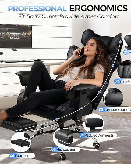 COMHOMA Big and Tall Office Chair 400LBS Heavy Duty Gaming Chair with Deluxe Embossing Leather High Back Wider Ergonomic Computer Chair with Foot Rest 150°Reclining Pocket Spring Lumbar Support