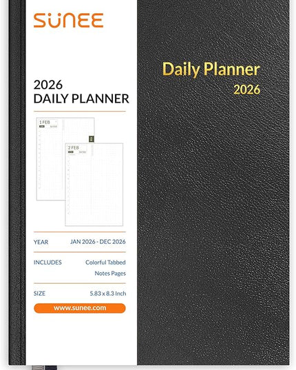 SUNEE 2026 Daily Planner A5 Hardcover – Hourly Schedule Organizer with Monthly Tabs & Task Tracker – Black Cover Time Management Notebook for Work, School, Personal Goals