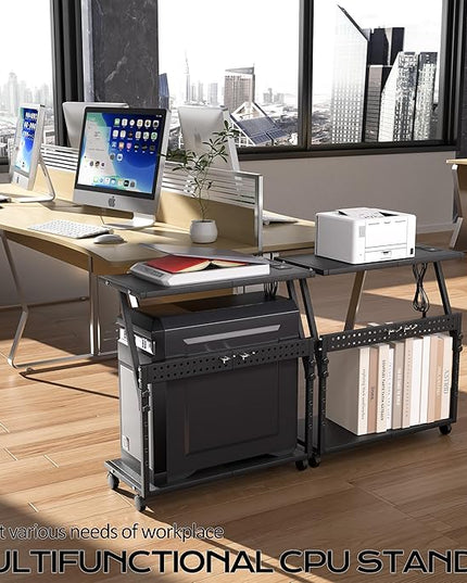 24In Large PC Stand, 5 Levels Height Adjustable Computer Tower Stand with Charging Station, Wheels and Hooks, CPU Holder Cart for Floor, Carpet and Under Desk, Easy Assembly（with Power Strips）