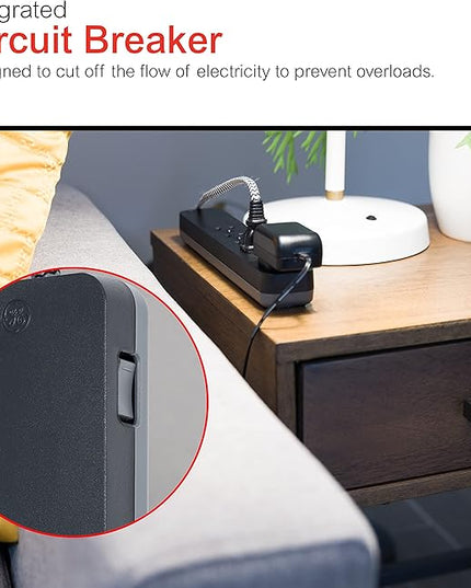GE UltraPro 6 Outlet Surge Protector, 6 Ft Designer Braided Extension Cord, Flat Plug, Long Power Cord, Wall Mount, Black, 45271