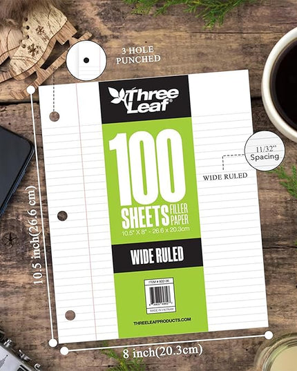 THREE LEAF 100 SHEETS WIDE RULED FILLER PAPER, PACK OF 12, LOOSE-LEAF SHEETS FOR SCHOOL AND OFFICE 100 CT. FILLER PAPER, NOTEBOOK PAPER