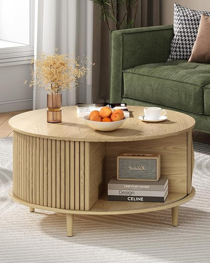 JOINICE,Round Coffee Table with Storage, 31.5" Natural Oak Fluted Center Table with Sliding Door, Modern Circle Drum Table for Living Room, Scandi Wood Furniture for Small Spaces