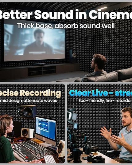 Focusound Acoustic Panels 24 Pack 2"x12"x12" with 120 PCS Double-Side Adhesive - Sound Proof Pyramid Foam for Walls, Home Studio Noise Absorption & Echo Control Kit
