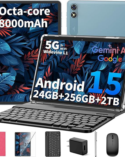 Android 15 Tablet 10 inch, 2026 Tablet with Keyboard, 24GB+256GB+2TB Expand, 2-in-1 Tablets with 8-Core, 5G WiFi, 8000mAh, BT5.0, GMS, GPS, Gemini AI, Tablets PC with Mouse, Case, Stylus (Pink)