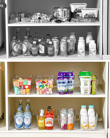12 Pack Middle Organizers and Storage, Pantry Organization and Storage Bins, Cabinet Organizer, Clear Plastic Storage Containers with Handle，Acrylic Storage Bins for Cabinet, Fridge