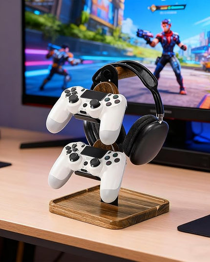 Game Controller&Headphone Wood Stand for Desk, Adjustable 2 Tiers Game Controller Holder for PS/Xbox/Switch/Nintendo,Accessories Managment,Wood,Black