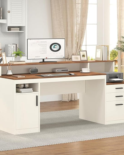 65 Inch Computer Desk with 3 Drawers & Storage Shelves, Executive Desk with File Drawer & Cabinet, Home Office Desk with Long Monitor Stand & Printer Shelf, Antique White