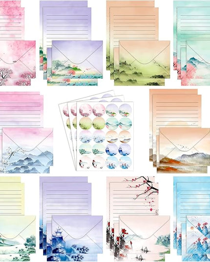 TaoBary 160 Pcs Stationery Paper Set 50 Double Sided Stationery Papers with 50 Matching Envelopes and 60 Round Dot Sticker, 10 Design(Ink Painting,5.5 x 8.25 Inch)
