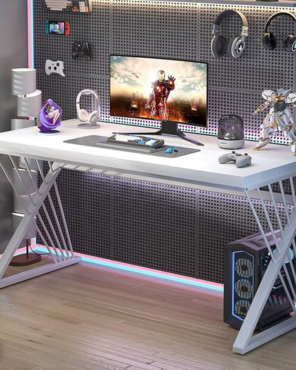 FOLUBAN Modern White Desk, Rustic Wood and Metal Computer Desk for Home Office, Simple Writing Work PC Desks for Bedroom, Industrial Study Gaming Table for Living Room, White, 53 Inch