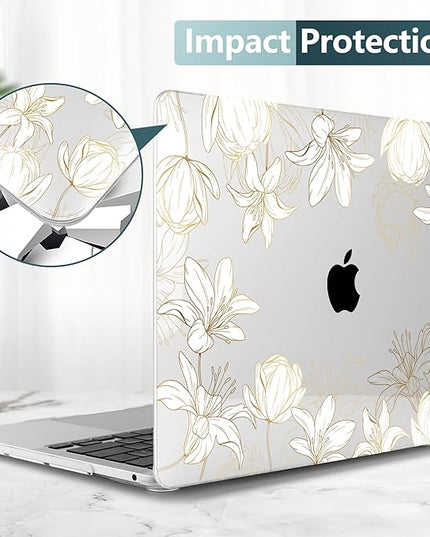 DONGKE Compatible with MacBook Pro 13 inch Case 2024 2023-2020 Release A2338 M2/M1 A2251 A2289 with Retina Display & Touch ID, Plastic Hard Shell & Keyboard Cover & Screen Film- Golden Florals