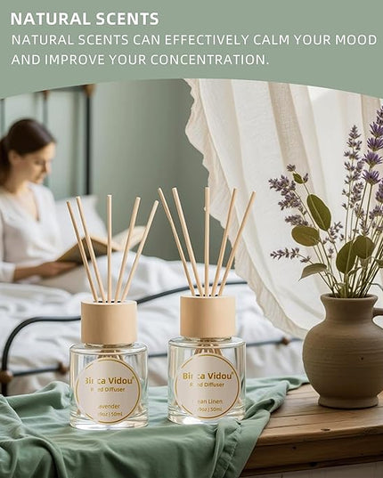 Binca Vidou Reed Diffuser Set Lavender & Linen Natural Scent Theme Oil Diffusers with Sticks for Home Office Bathroom Aromatherapy Decor 1.69oz x 2