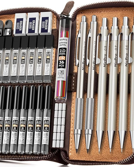 Nicpro 33PCS Metal Mechanical Pencil Set in Leather Case, Art Drafting Pencil 0.3, 0.5, 0.7, 0.9 mm, 2mm Lead Pencil Holders for Sketching Drawing With 18 Tube (6B 4B 2B HB 2H 4H Colors) Lead Refills