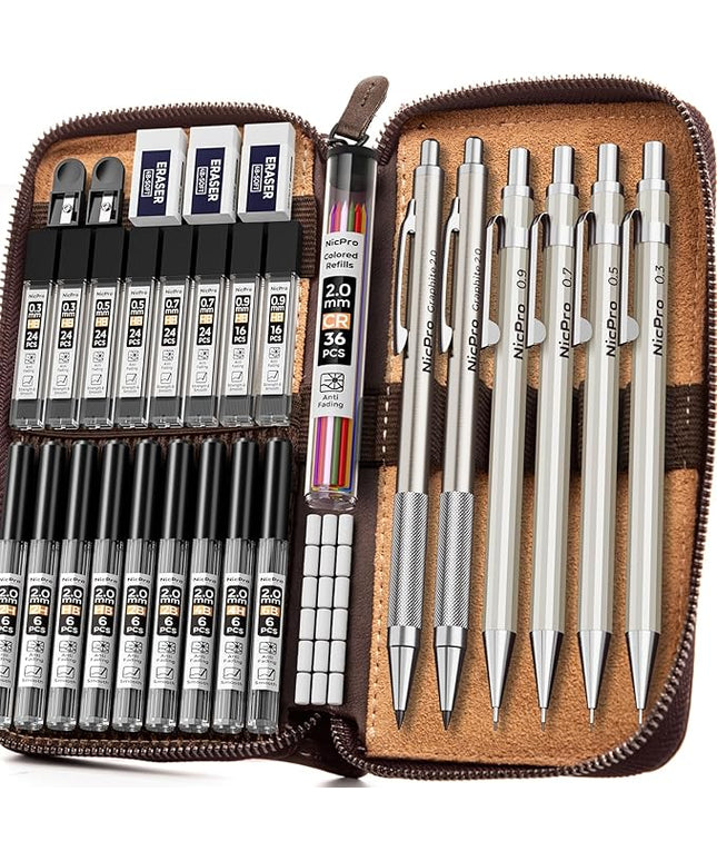 Nicpro 33PCS Metal Mechanical Pencil Set in Leather Case, Art Drafting Pencil 0.3, 0.5, 0.7, 0.9 mm, 2mm Lead Pencil Holders for Sketching Drawing With 18 Tube (6B 4B 2B HB 2H 4H Colors) Lead Refills