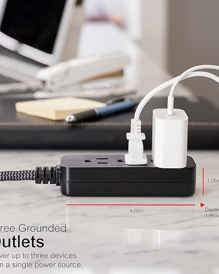 GE 3-Outlet Power Strip Surge Protector 15 Ft Braided Long Cord Extension Cord Surge Protector Power Strip Flat Plug Extension Cord 250 Joules ETL Listed Black 44237