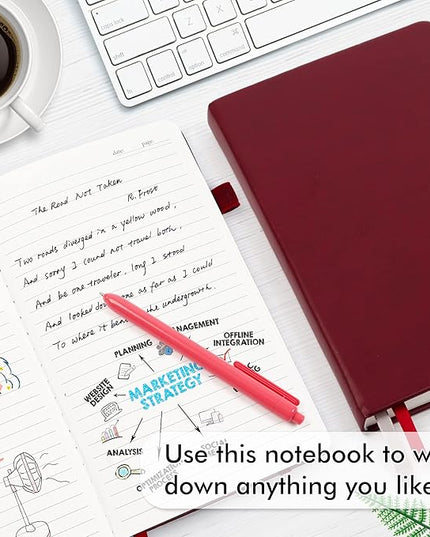 feela 24 Pack Journal Notebook for Work, Business Notebook Bulk Hardcover Lined Writing Journal with Pen Holder for Men Women Note Taking, with 24 Black Pens, 120 GSM, 5.1”x8.3”, A5, Wine