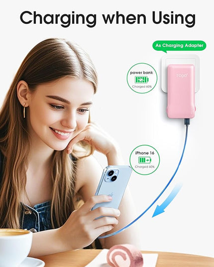 TG90° 2 Pack Slim 10000mAh Power Bank Built-in Foldable AC Wall Plug and Cables,Ultra Compact Cell Phone Charger,Pocket Size USB C Portable Charger Compatible with iPhone Samsung,Black & Pink