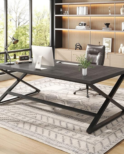 IBF 70 Inch Large Desk, Long Computer Desk for Writing Study, Industrial Home Office Work Executive Desk for Bedroom, Wood Metal Pc Gaming Workstation Computer Table for 2 Monitors, Dark Gray Oak