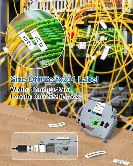 2PK Flexible Label Tape Compatible with Brother P Touch Label Tape TZe-FX231 Tape 12mm 0.47 Laminated White,Flexible-ID Wire Cable Labels for Brother Ptouch PT-D210 PT-D400 PTH100 D220