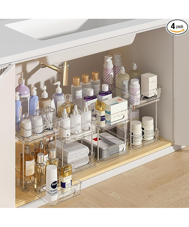 Delamu 2 Tier Snap-Lock Bathroom Under Sink Organizers and Storage, Multi-Purpose Cabinet Drawers with Movable Dividers, Pull Out Organization for Countertop, Kitchen and Pantry(Clear, 4 Pack)