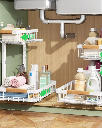 Kitstorack Under Sink Organizer, 2 Packs 2 Tier Under Sink Organizers and Storage, Slide out Pull out Cabinet Organizer Shelf, Metal Sliding Drawer for Kitchen Bathroom Pantry Closet Rack(White)