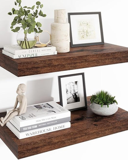 Heimlove 24 x 12 Inch Deep Floating Shelves Wall Mounted with Invisible Brackets,Storage Hanging Shelf for Wall Decor in Bathroom, Bedroom, Kitchen, Living Room, Office Set of 2 (Rustic Brown)