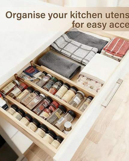 Bamboo Drawer Divider Set of 4, Adjustable Spring-Loaded Drawer Organizer (16.9"-22.2"), 2.3" Height, Suitable for Kitchen, Desk, Bathroom, Clothing, and Miscellaneous Drawer Organization, Natural