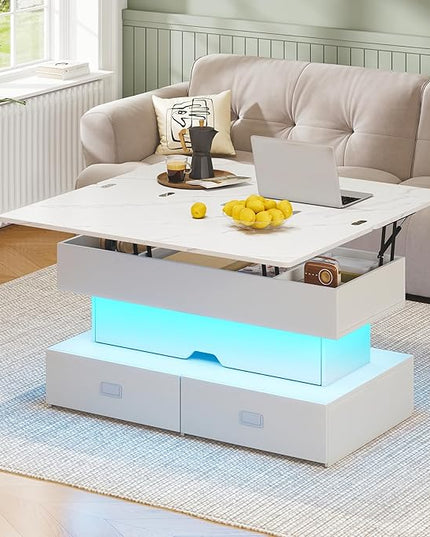 Turosur 40" Lift Top Coffee Table, Coffee Tables with Storage and 4 Drawer, Coffee Table with Lifting top with LED Lights for Living Room Home Office