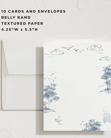 Minted Lake Side Toile Stationery Set, Set of 10 Flat Note Cards & Envelopes for Invitiations and Handwritten Thank You Messages, Toile Design, Lake & Forest Scene, Gifts for Women, Luxurious Paper