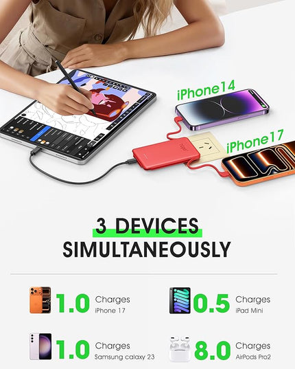 TG90° 5000mAh Mini Power Bank Built-in AC Wall Plug and Cables, Pocket Size USB C Portable Charger, External Battery Pack Compatible with iPhone 17 16 15 14 13 12 11 Samsung S22 S21 Google iPad