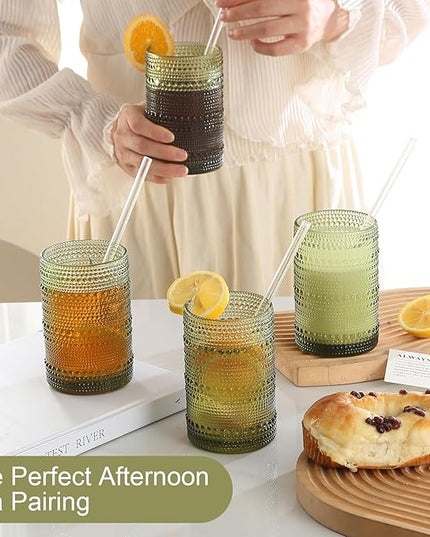 Vintage Glassware Drinking Glasses Set of 12,Green 12oz & 15oz Hobnail Glass Cups,Embossed Water Tumbler,for Beer,Cocktail,Whiskey,Juice and Various Mixed Drinks- 1 Cleaning Brush