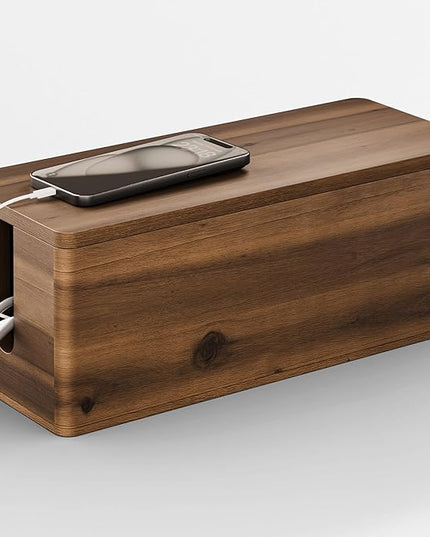 Acacia Wood Large Cable Management Box Round Edge - 16" L Wooden Power Strip Box, Surge Protector Box - Cable Hider Box for Office, Living Room - 2 Open Slots, Magnetic Lid (Walnut Color)