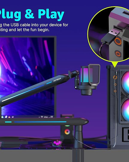IXTECH RGB Low Profile Boom Arm for Mic, Adjustable Microphone Arm Stand with Desk Mount Clamp, Rotatable Microphone Boom Arm Mic Stand with Cable Management for Podcast Streaming Gaming Studio.