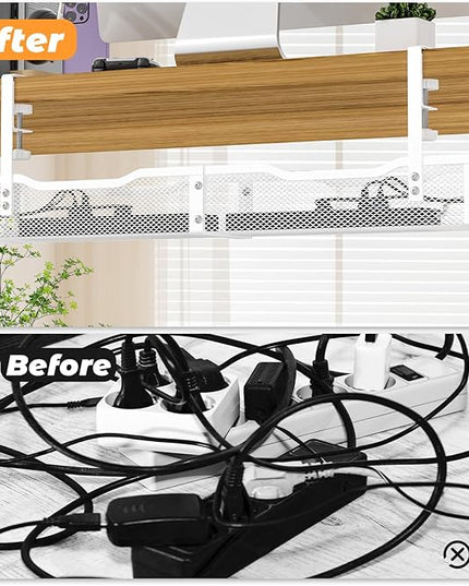 Under Desk Cable Management Tray, No Drill Steel Desk Cable Organizers, Wire Management Tray Cable Management Rack (24.4" Length-White)