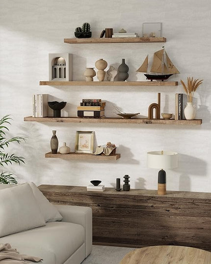 Floating Shelves, 8 Inch Deep Rustic Solid Reclaimed Wood Wall Shelves for Storage, Wall Mounted Display Shelving with Invisible Heavy-Duty Metal Bracket, 30 Inch Width Set of 2, Natural