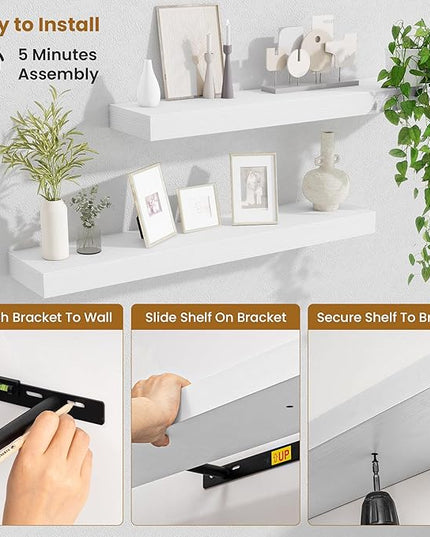 Fun Memories Bathroom Shelves 32 Inch Long Set of 2, Floating Shelves for Wall with Invisible Brackets, for Bedroom, Living Room, Kitchen, White