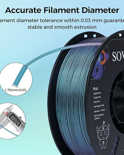 Sovol Silk PLA Filament with Blue Glitter 1kg 1.75mm, Color Changeable 3D Printer Filament 2.2lbs, Chameleon Shiny PLA Material +/-0.03mm, Shimmering 3D Printing Filament, Galaxy Blue