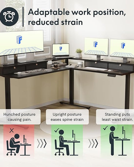 FLEXISPOT 63" L Shaped Standing Desk Electric Corner Table with Monitor Shelf, 4 Storage Drawers, Adjustable Computer Workstation for Home, Office, Game, Studio, Black Top + Black Frame
